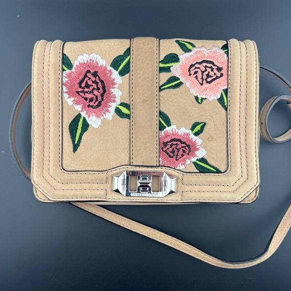 Rebecca Minkoff Love Crossbody Bag Suede Floral Embroidered Silver Hardware - Picture 2 of 11